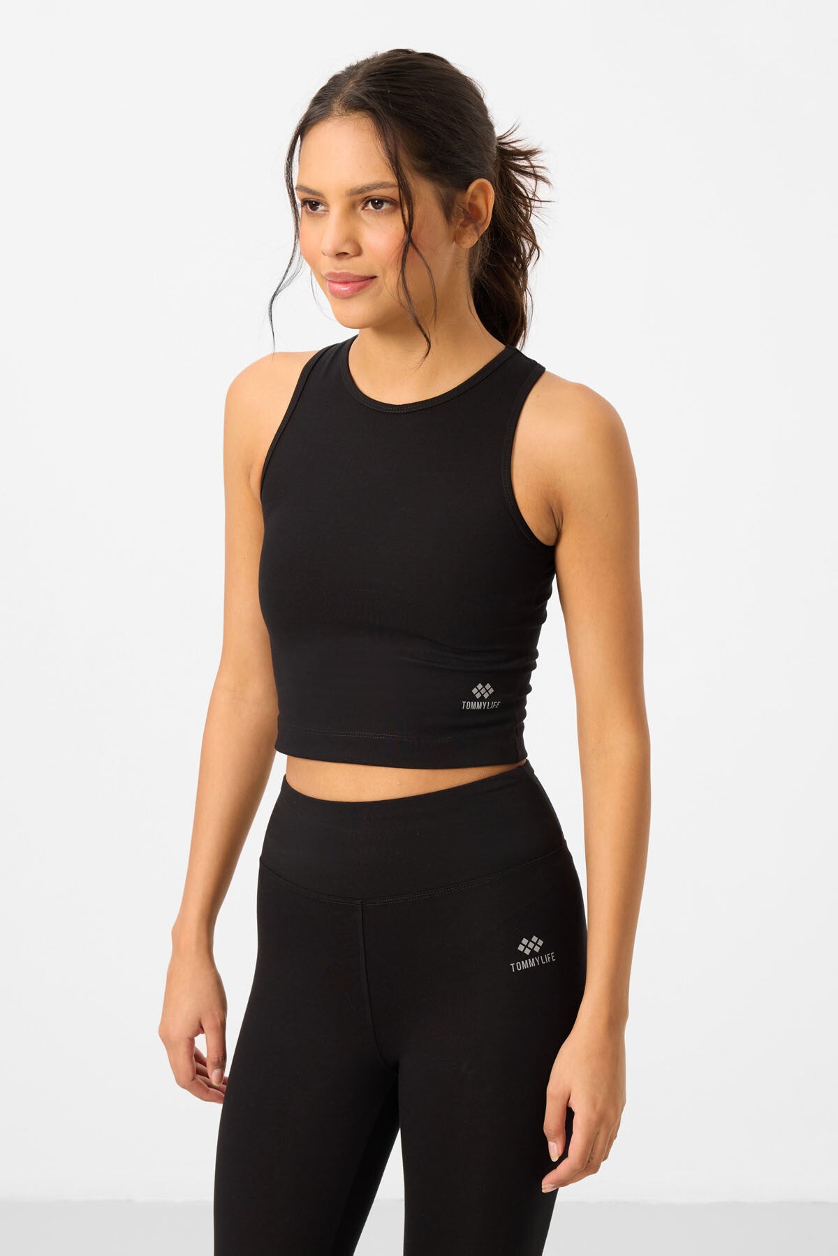 Siyah Yüksek Bel Kapri-Crop Atlet Slim Fit Kadın Tayt Takım - 95284