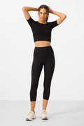 Black High Waist Capri-Crop T-Shirt Slim Fit Women's Leggings Set - 95285