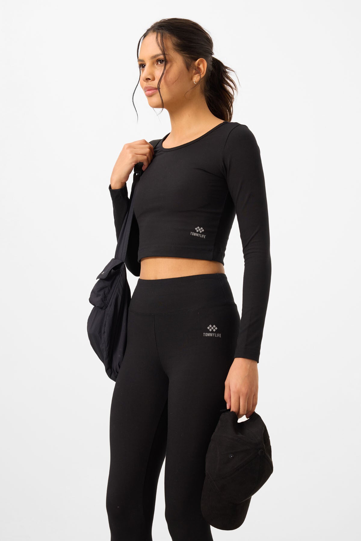 Siyah Yüksek Bel Uzun Kollu Slim Fit Crop Top Kadın Tayt Takım - 95286