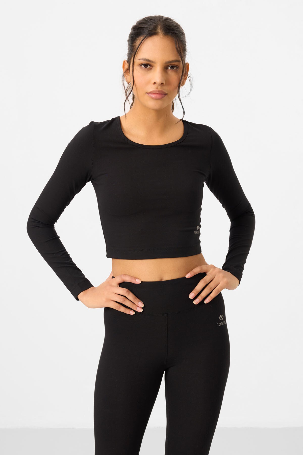 Siyah Yüksek Bel Uzun Kollu Slim Fit Crop Top Kadın Tayt Takım - 95286