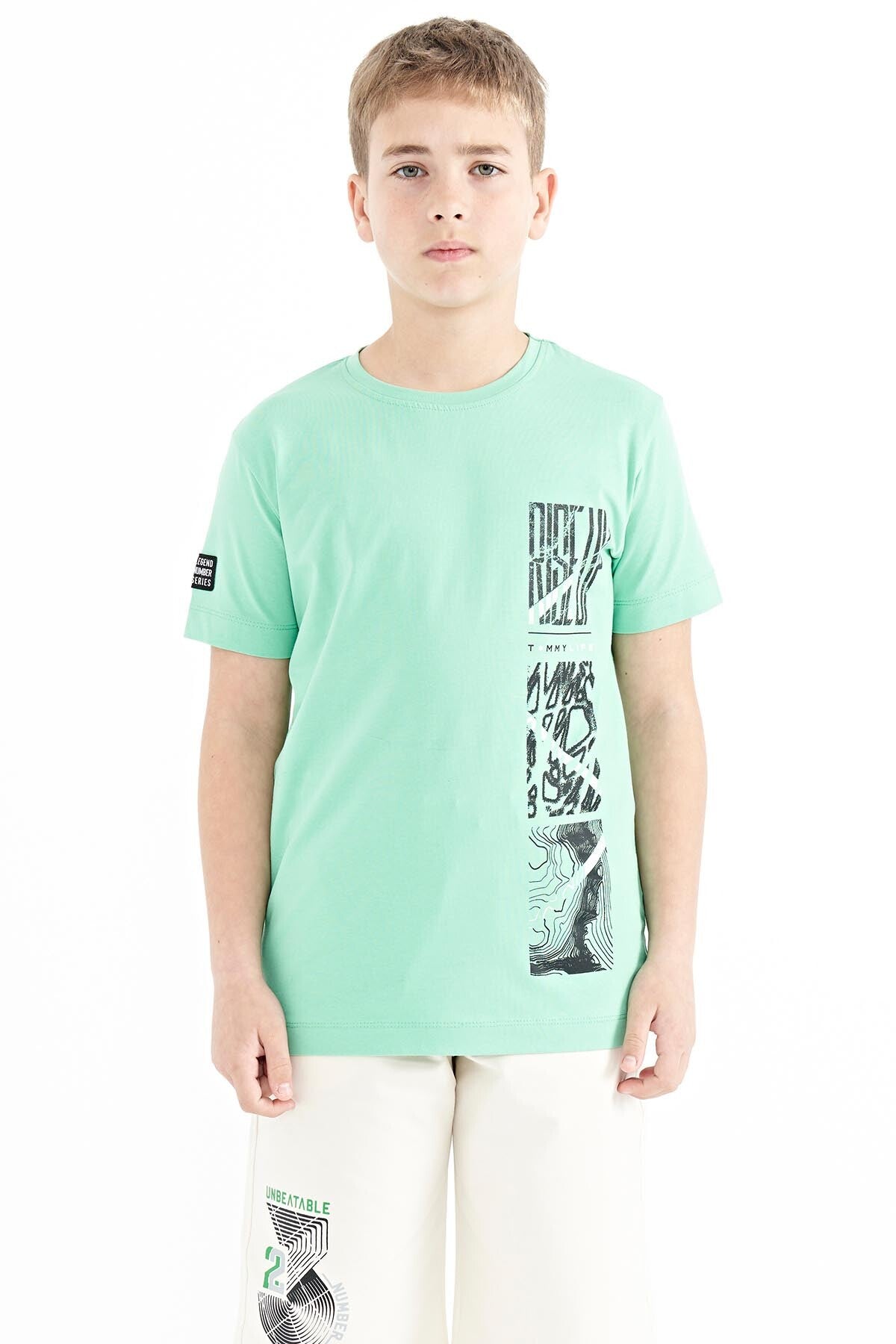 Su Yeşili Baskı Detaylı O Yaka Standart Kalıp Erkek Çocuk T-Shirt - 11104