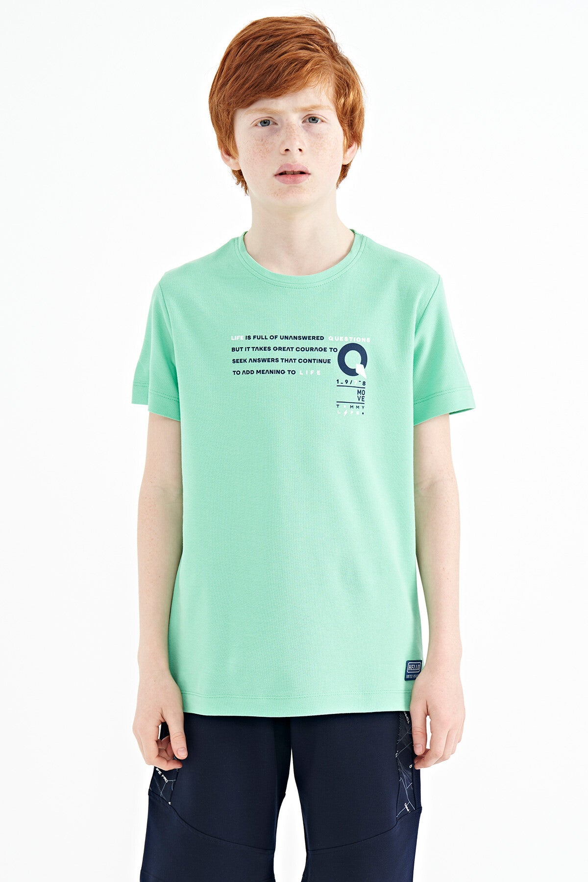 Su Yeşili Baskı Detaylı O Yaka Standart Kalıp Erkek Çocuk T-Shirt - 11145