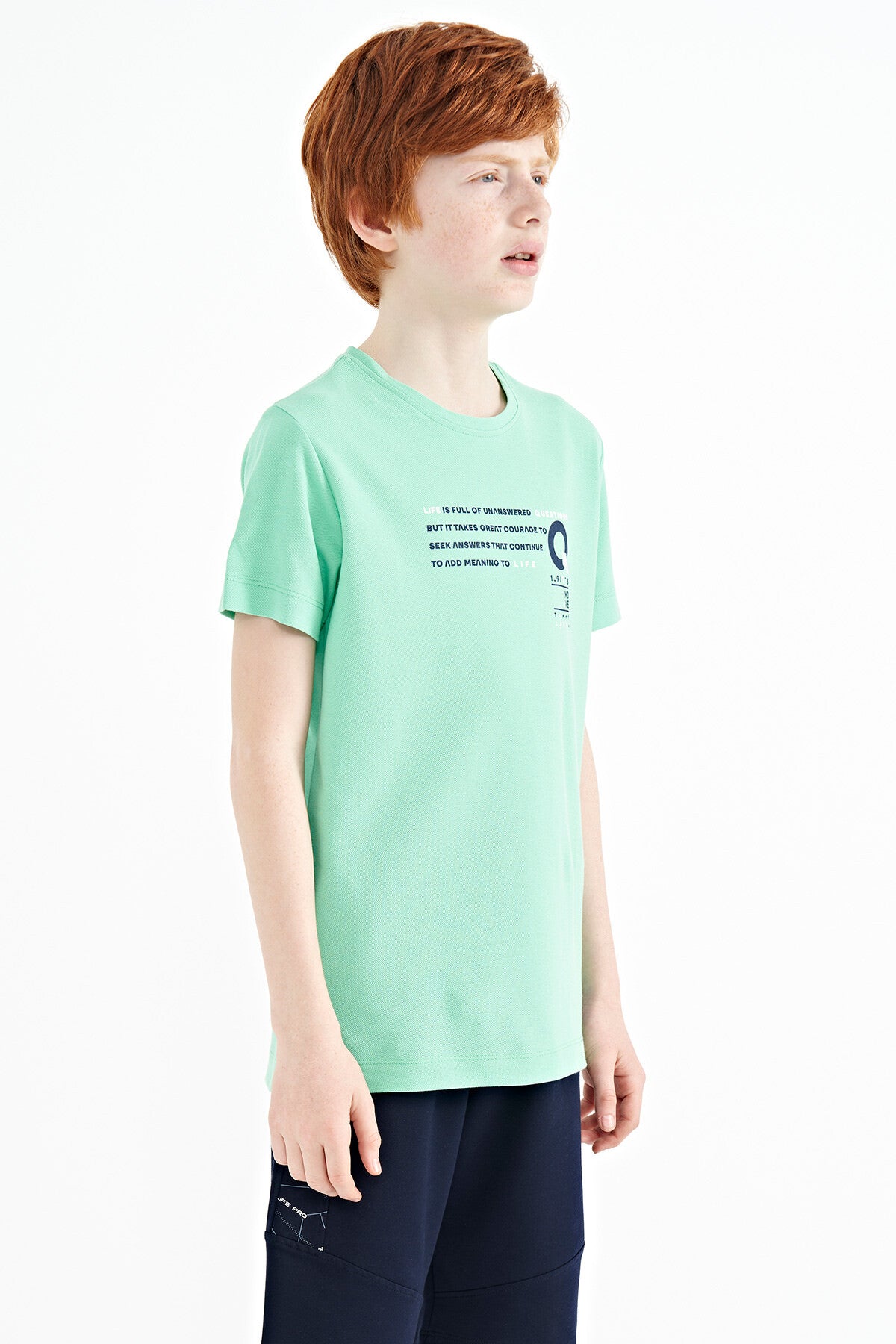 Su Yeşili Baskı Detaylı O Yaka Standart Kalıp Erkek Çocuk T-Shirt - 11145