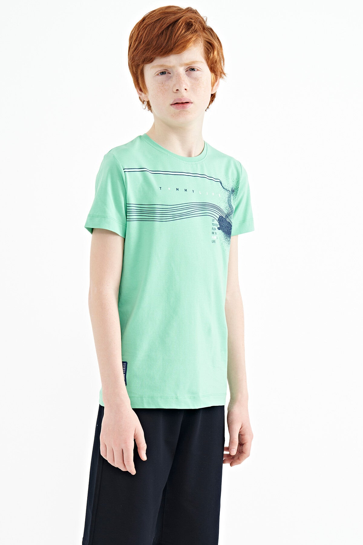 Su Yeşili Baskı Detaylı Standart Kalıp O Yaka Erkek Çocuk T-Shirt - 11133