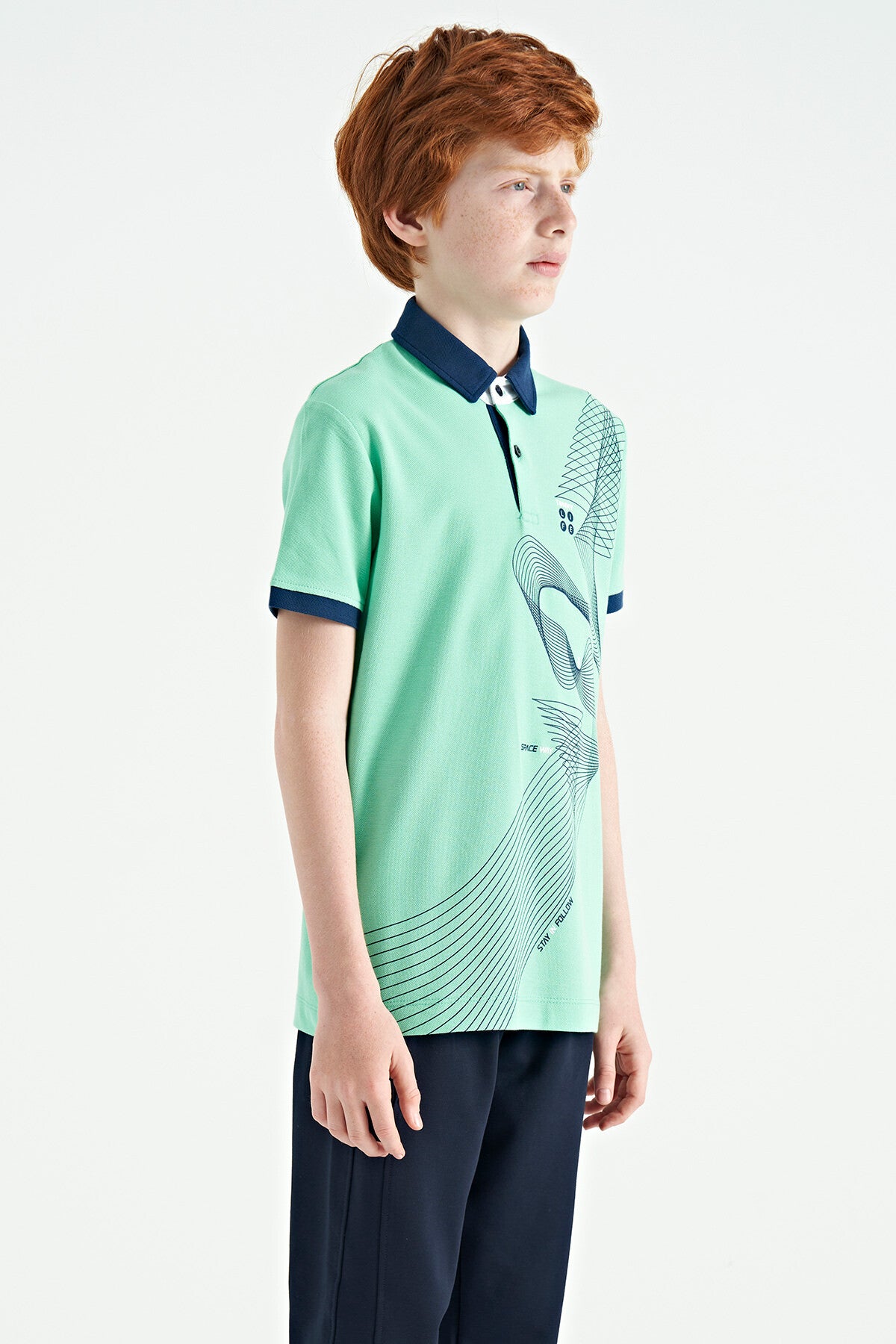 Su Yeşili Baskı Detaylı Standart Kalıp Polo Yaka Erkek Çocuk T-Shirt - 11164