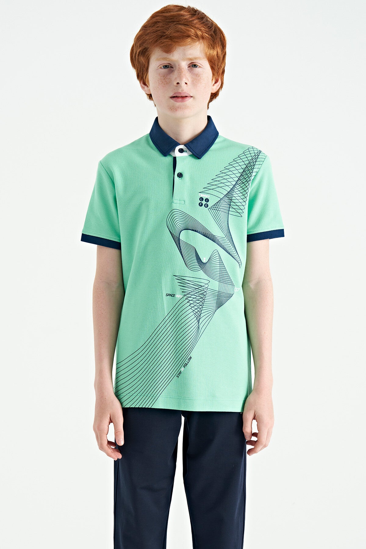 Su Yeşili Baskı Detaylı Standart Kalıp Polo Yaka Erkek Çocuk T-Shirt - 11164