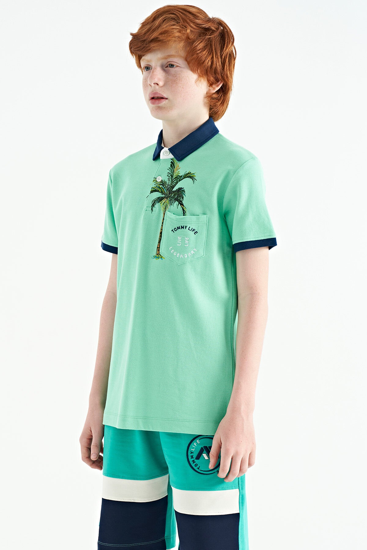 Su Yeşili Baskılı Cep Detaylı Standart Kalıp Polo Yaka Erkek Çocuk T-Shirt - 11144