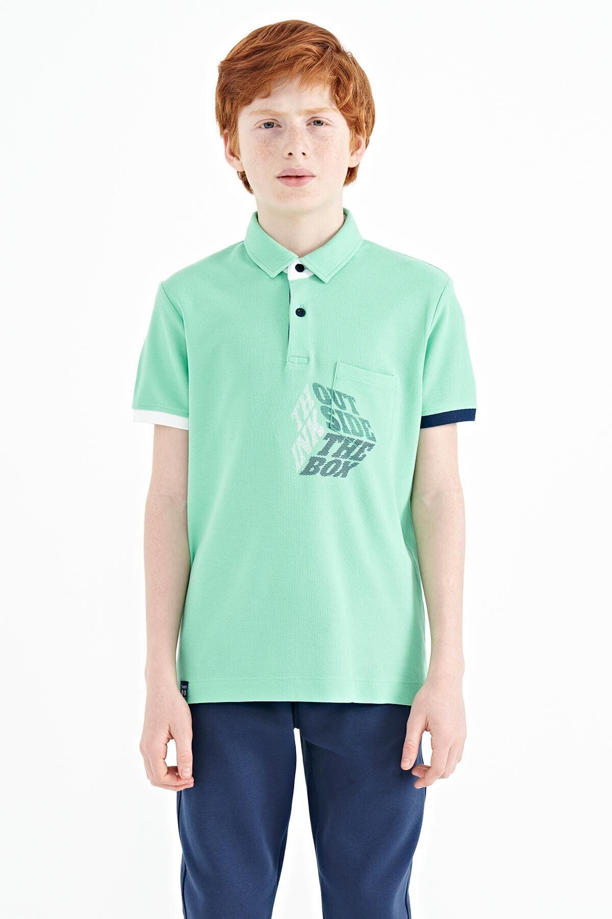 Su Yeşili Ön Cep Detaylı Baskılı Standart Kalıp Polo Yaka Erkek Çocuk T-Shirt - 11102