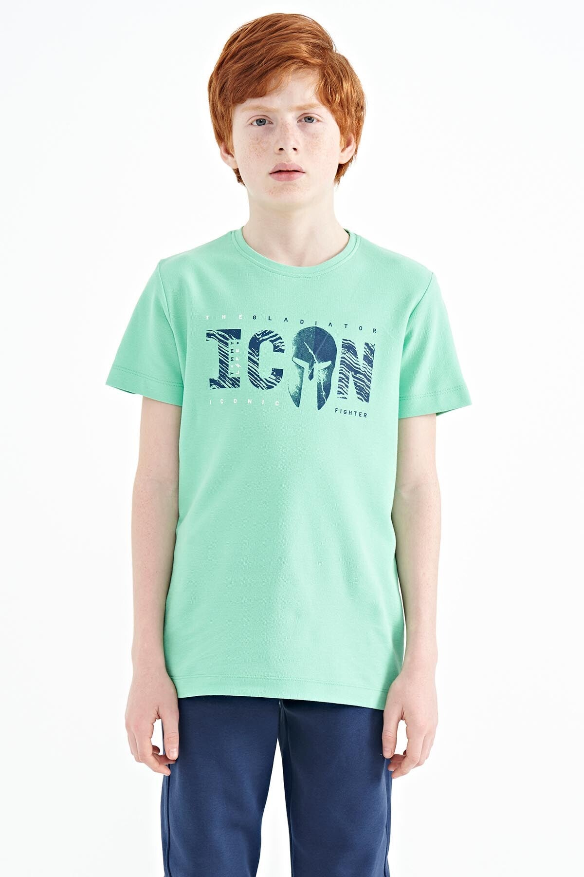 Su Yeşili Ön Yazı Nakışlı O Yaka Standart Kalıp Erkek  Çocuk T-Shirt - 11118