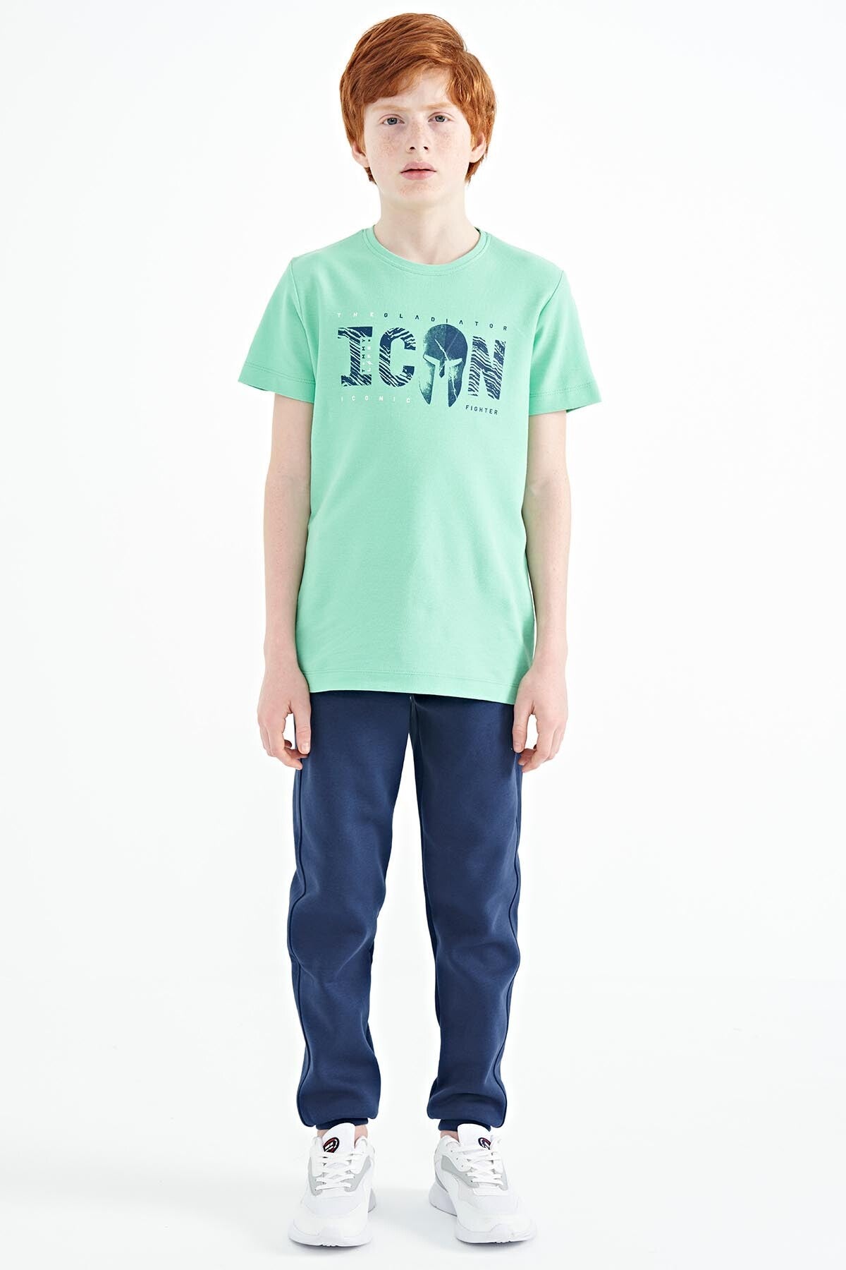 Su Yeşili Ön Yazı Nakışlı O Yaka Standart Kalıp Erkek  Çocuk T-Shirt - 11118