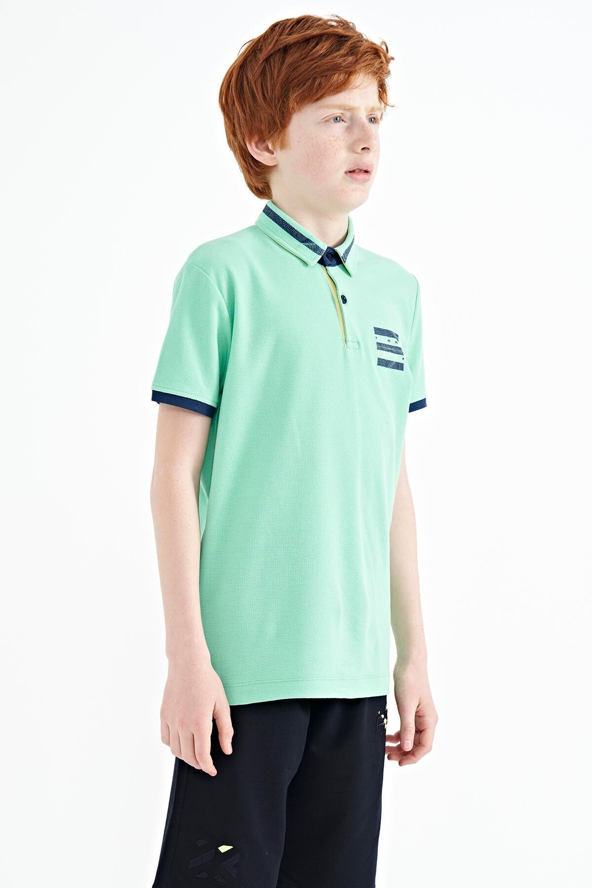 Su Yeşili Yakası Renk Bloklu Baskı Detaylı Standart Kalıp Erkek Çocuk T-Shirt - 11111