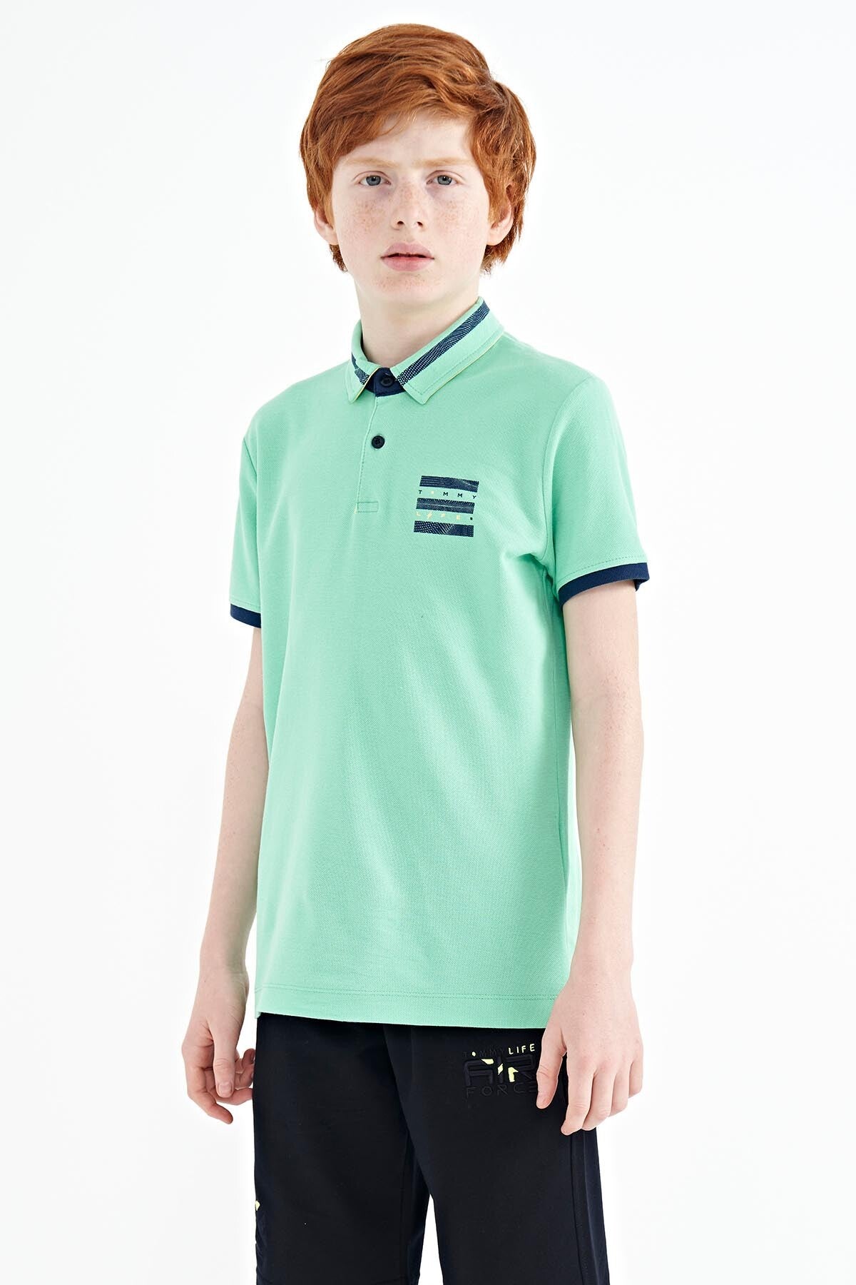 Su Yeşili Yakası Renk Bloklu Baskı Detaylı Standart Kalıp Erkek Çocuk T-Shirt - 11111