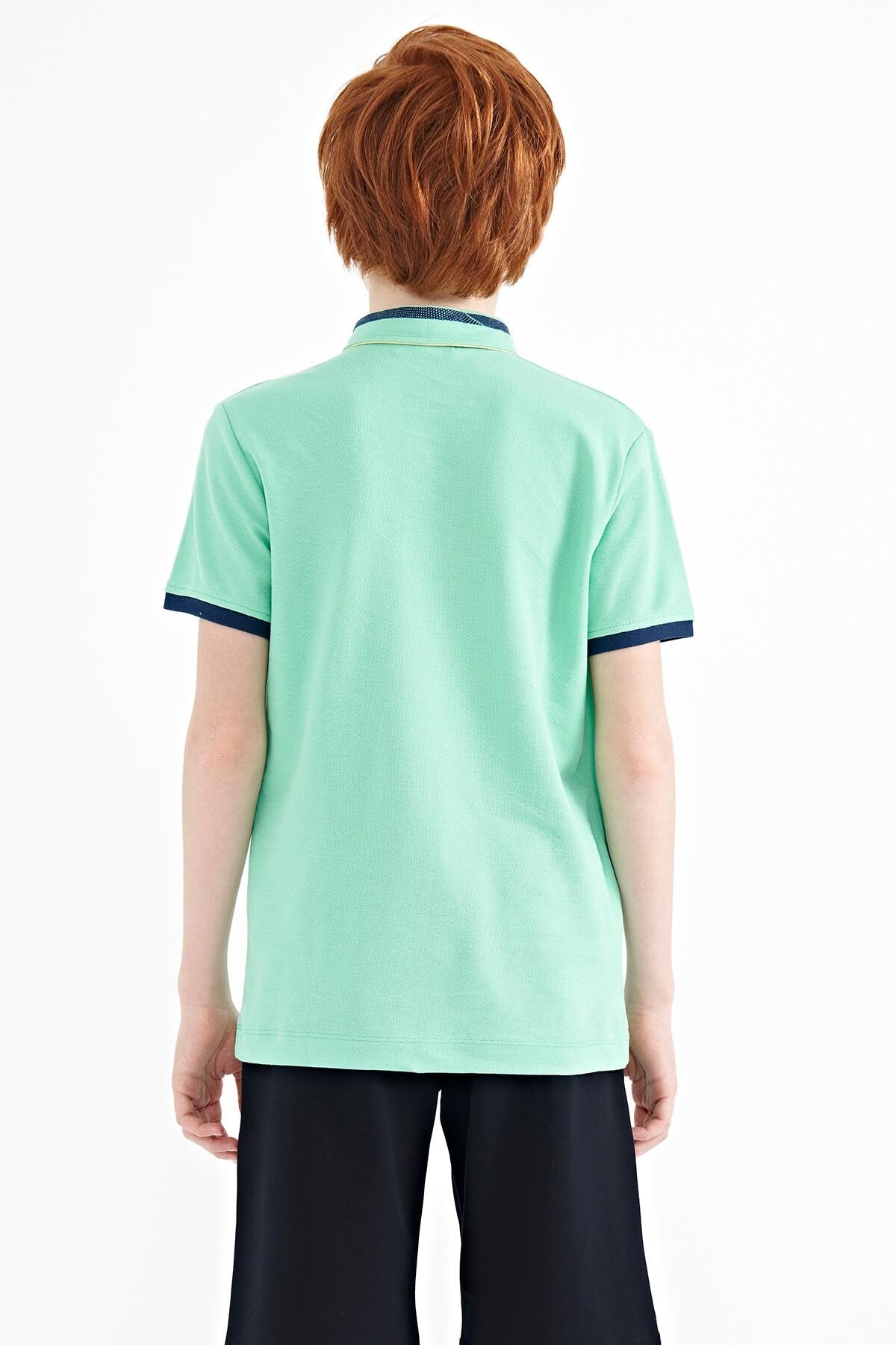 Su Yeşili Yakası Renk Bloklu Baskı Detaylı Standart Kalıp Erkek Çocuk T-Shirt - 11111