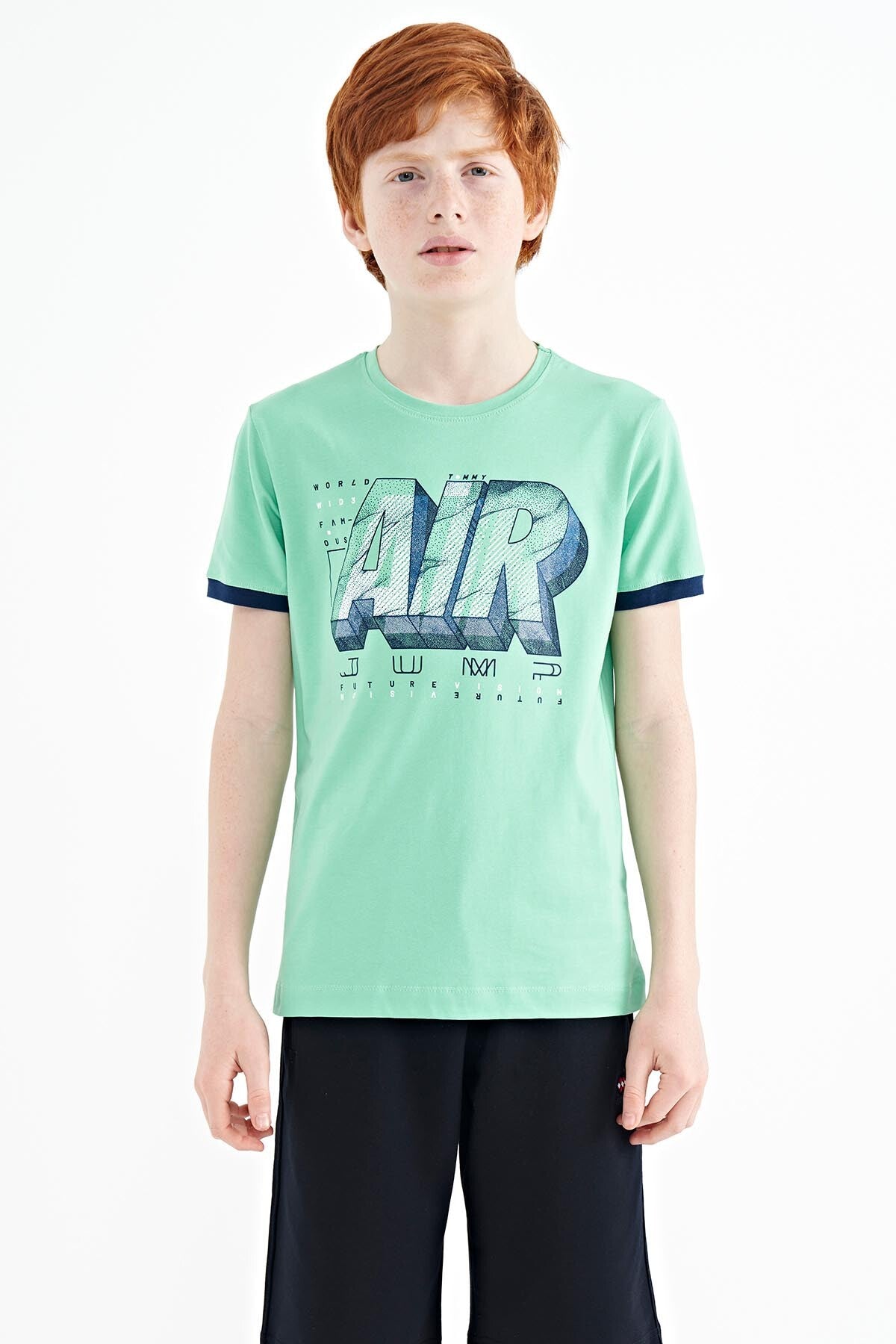 Su Yeşili Yazı Baskılı Standart Kalıp O Yaka Erkek Çocuk T-Shirt - 11098