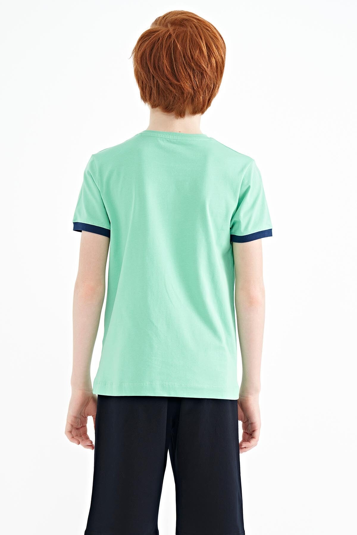 Su Yeşili Yazı Baskılı Standart Kalıp O Yaka Erkek Çocuk T-Shirt - 11098