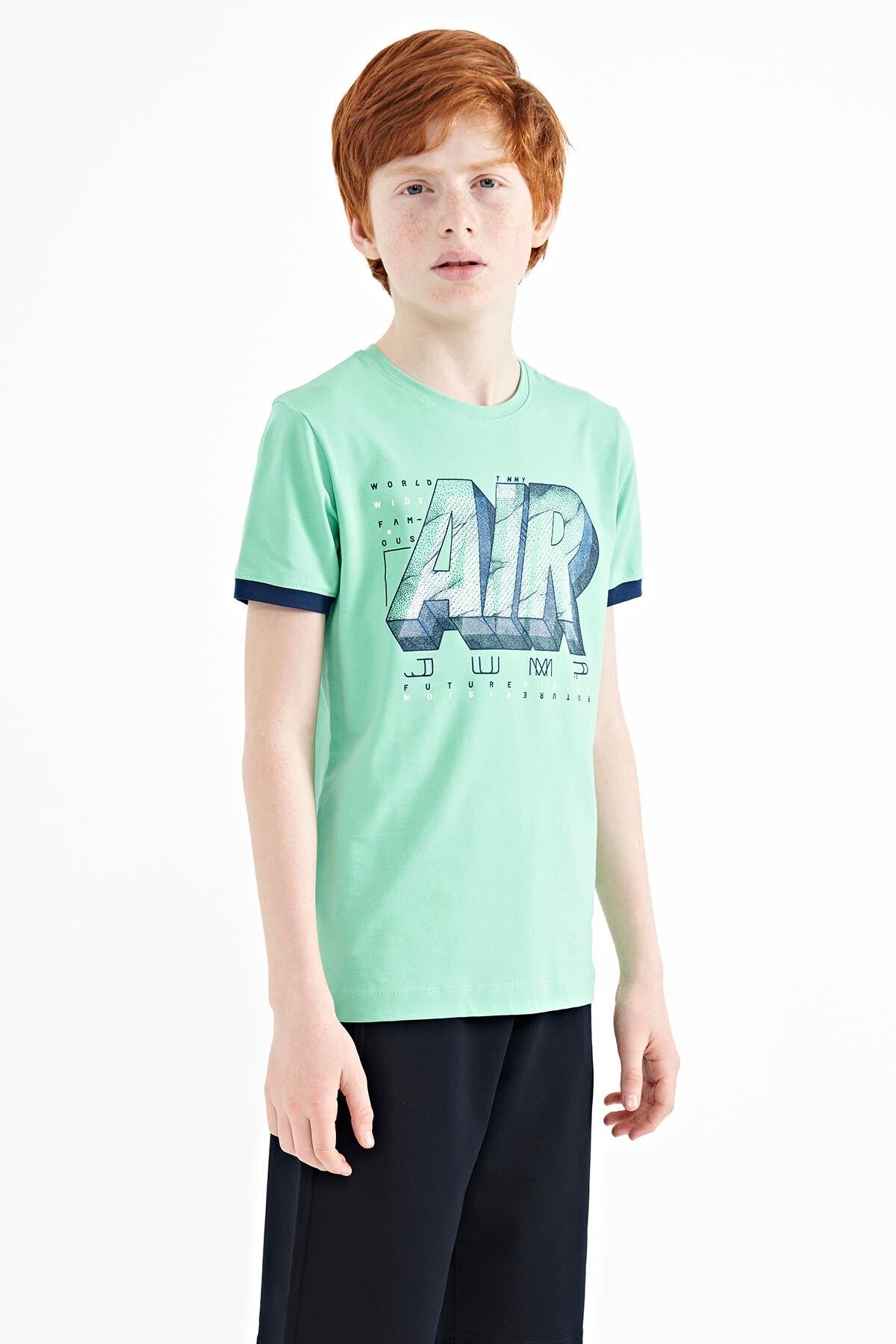 Su Yeşili Yazı Baskılı Standart Kalıp O Yaka Erkek Çocuk T-Shirt - 11098
