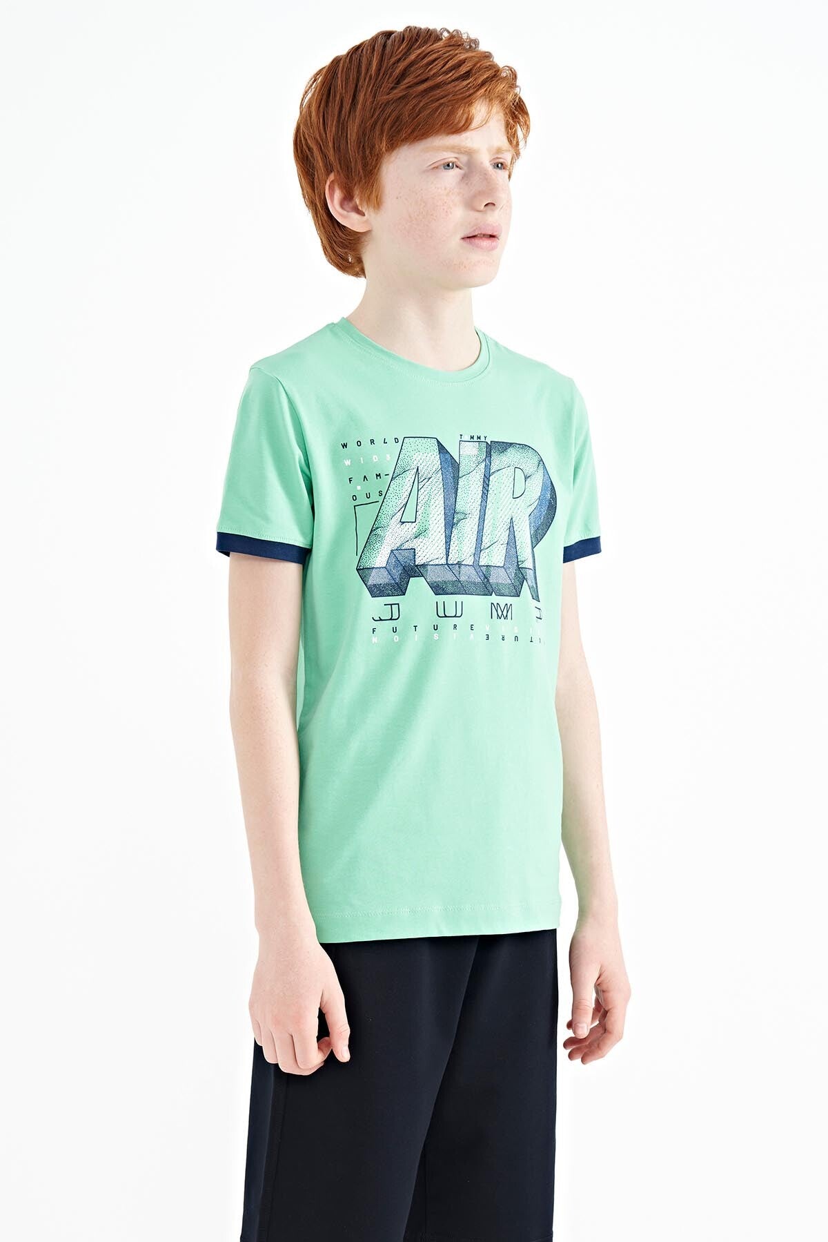 Su Yeşili Yazı Baskılı Standart Kalıp O Yaka Erkek Çocuk T-Shirt - 11098