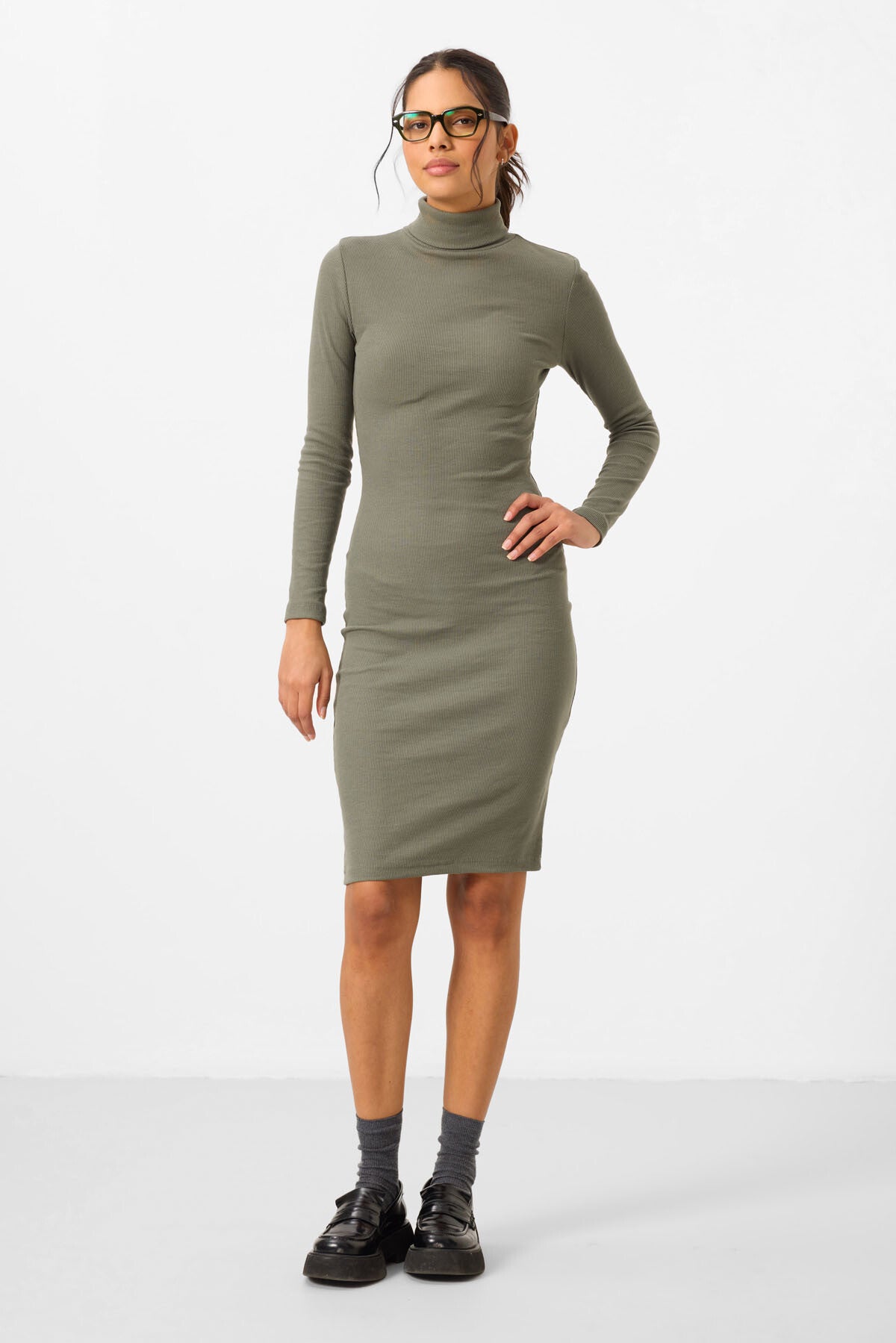 Yeşil Kaşkorse Triko Dar Kalıp Balıkçı Yaka Kadın Elbise - 97117