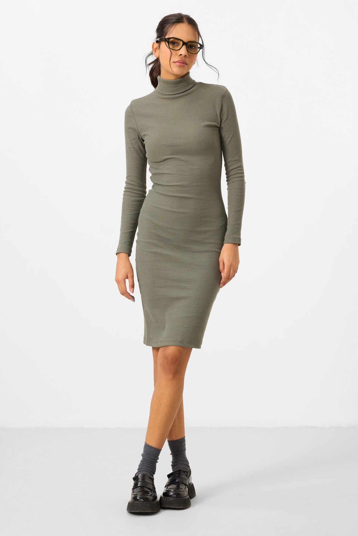 Yeşil Kaşkorse Triko Dar Kalıp Balıkçı Yaka Kadın Elbise - 97117