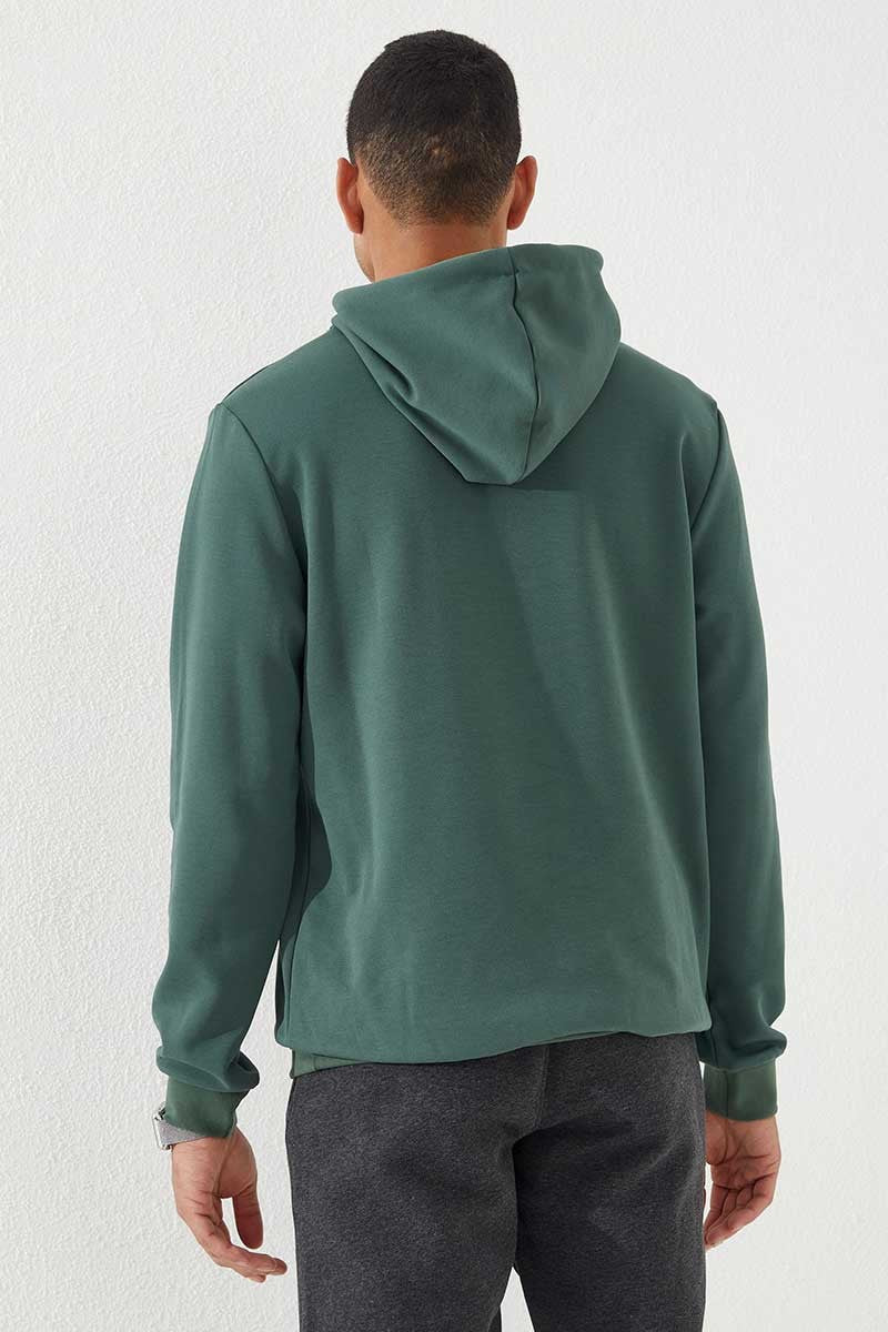 Yeşil Kamuflaj Desen Baskılı Standart Kalıp Kapüşonlu Erkek Sweatshirt - 87884