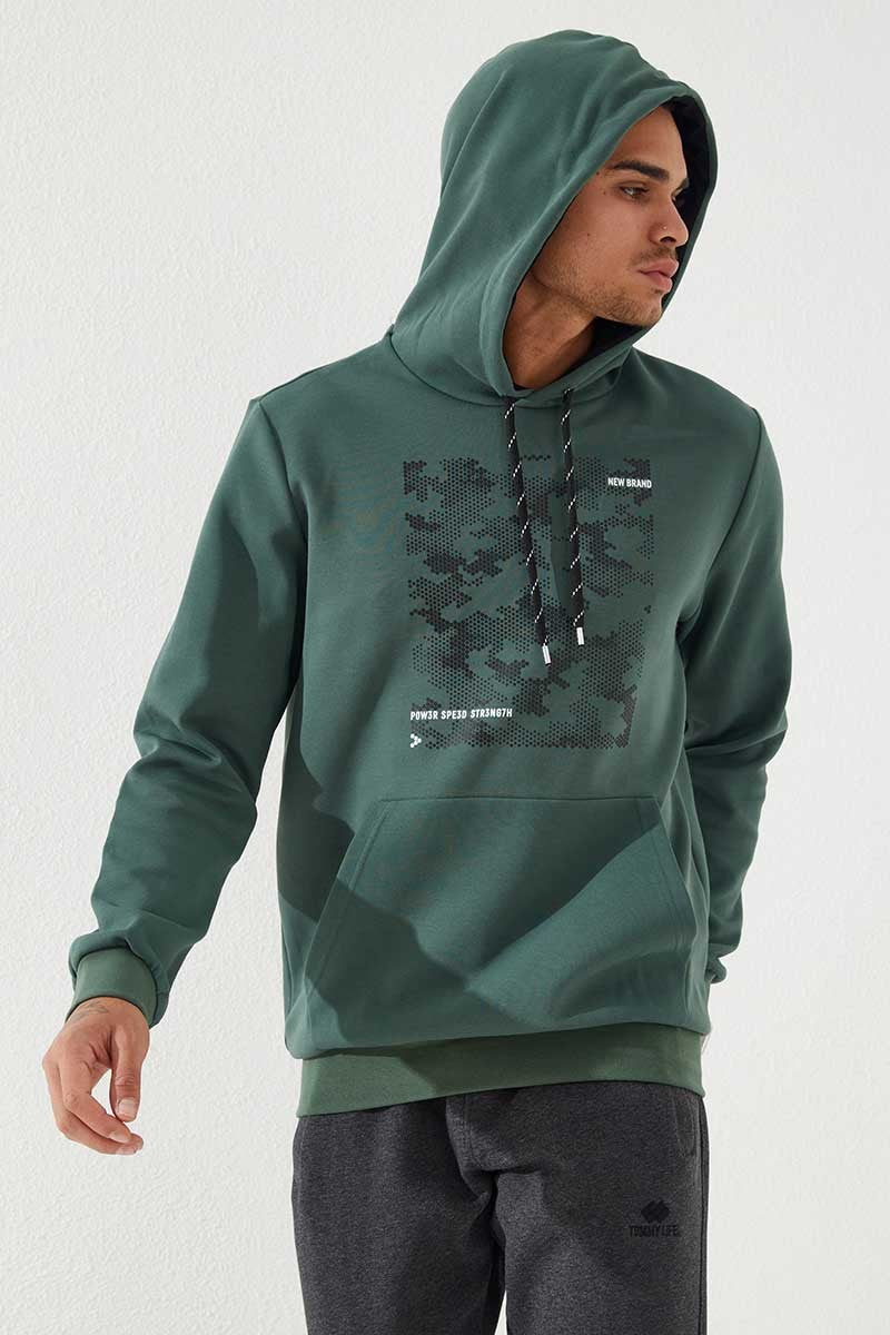 Yeşil Kamuflaj Desen Baskılı Standart Kalıp Kapüşonlu Erkek Sweatshirt - 87884