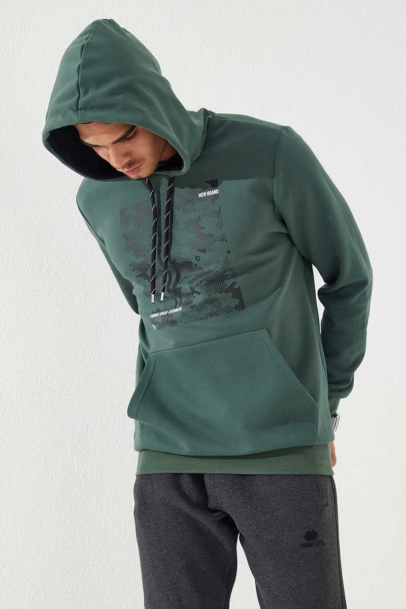 Yeşil Kamuflaj Desen Baskılı Standart Kalıp Kapüşonlu Erkek Sweatshirt - 87884