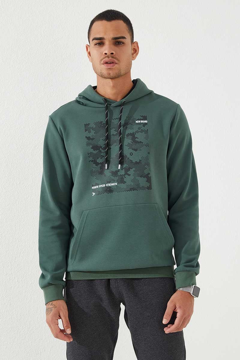 Yeşil Kamuflaj Desen Baskılı Standart Kalıp Kapüşonlu Erkek Sweatshirt - 87884