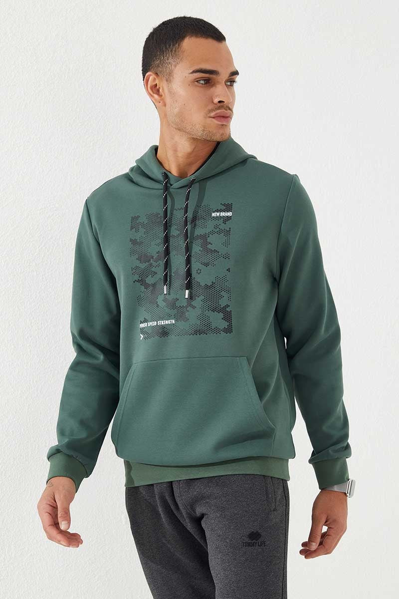 Yeşil Kamuflaj Desen Baskılı Standart Kalıp Kapüşonlu Erkek Sweatshirt - 87884