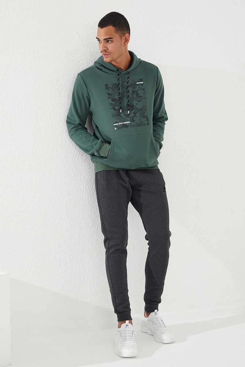 Yeşil Kamuflaj Desen Baskılı Standart Kalıp Kapüşonlu Erkek Sweatshirt - 87884