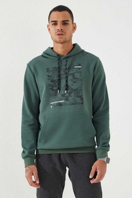 Yeşil Kamuflaj Desen Baskılı Standart Kalıp Kapüşonlu Erkek Sweatshirt - 87884