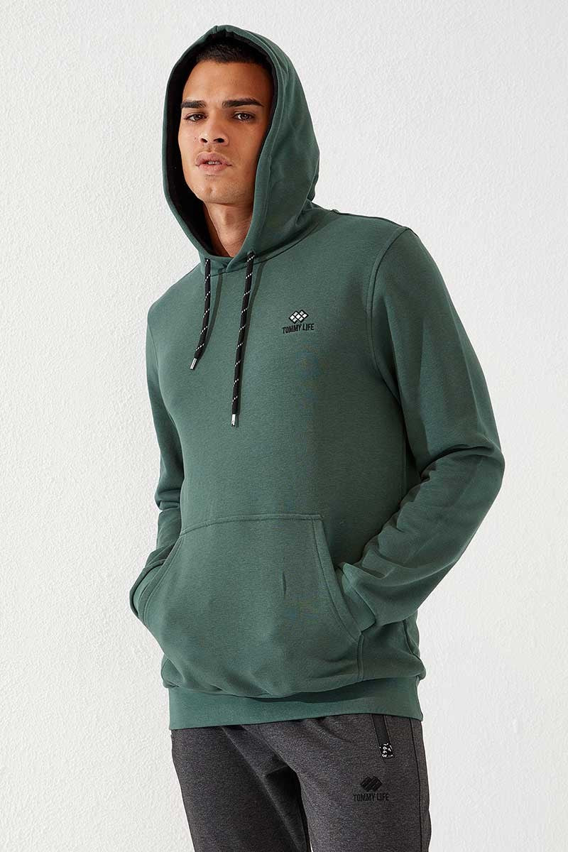 Yeşil Kanguru Cep Standart Kalıp Kapüşonlu Erkek Sweatshirt - 87872