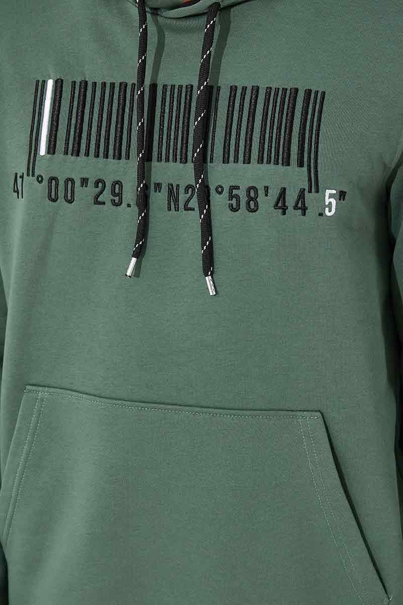 Yeşil Nakışlı Kanguru Cep Standart Kalıp Kapüşonlu Erkek Sweatshirt - 87839