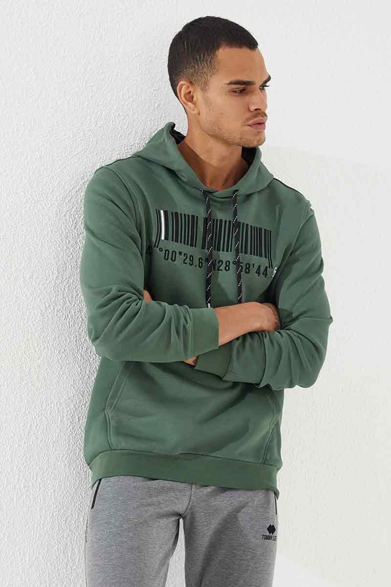 Yeşil Nakışlı Kanguru Cep Standart Kalıp Kapüşonlu Erkek Sweatshirt - 87839