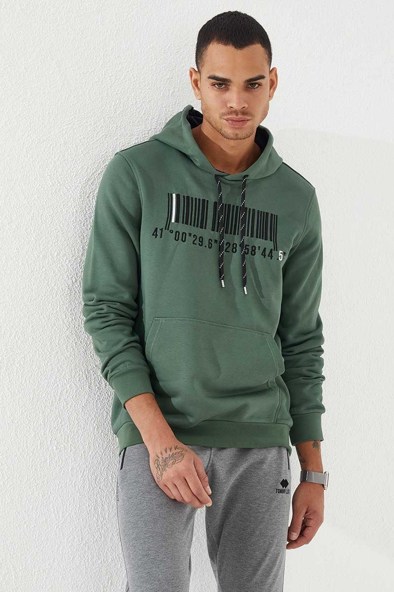Yeşil Nakışlı Kanguru Cep Standart Kalıp Kapüşonlu Erkek Sweatshirt - 87839