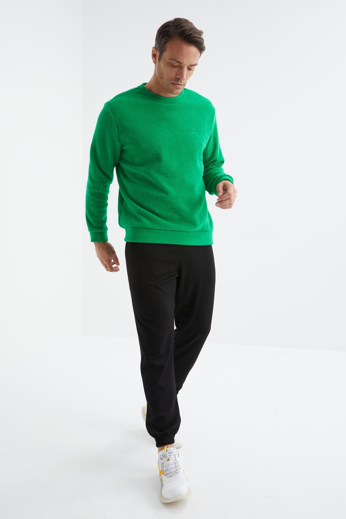 Yeşil O Yaka Basic Rahat Form Erkek Havlu Polar Sweatshirt - 88163