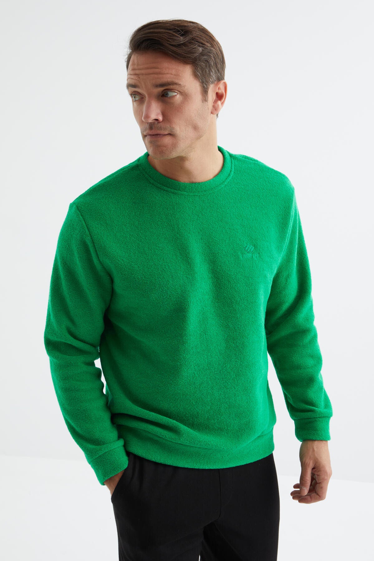 Yeşil O Yaka Basic Rahat Form Erkek Havlu Polar Sweatshirt - 88163
