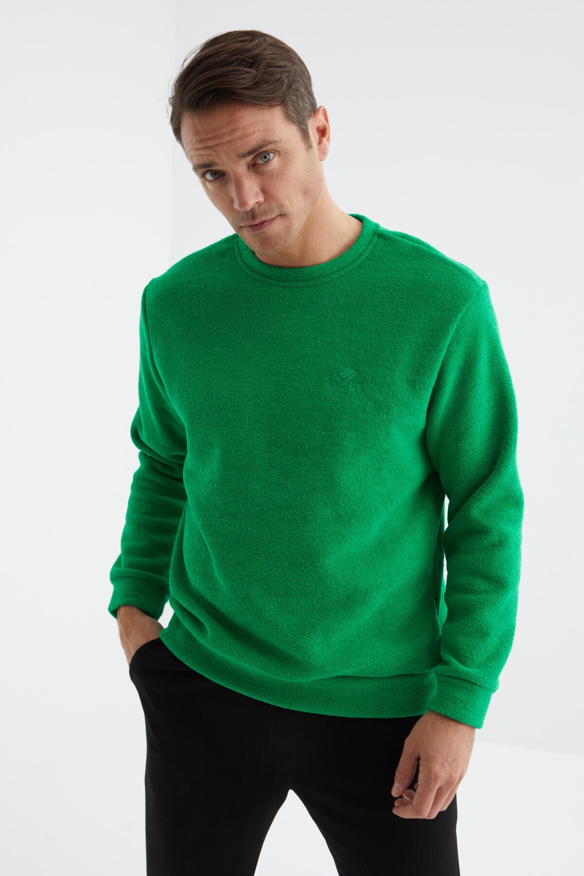 Yeşil O Yaka Basic Rahat Form Erkek Havlu Polar Sweatshirt - 88163