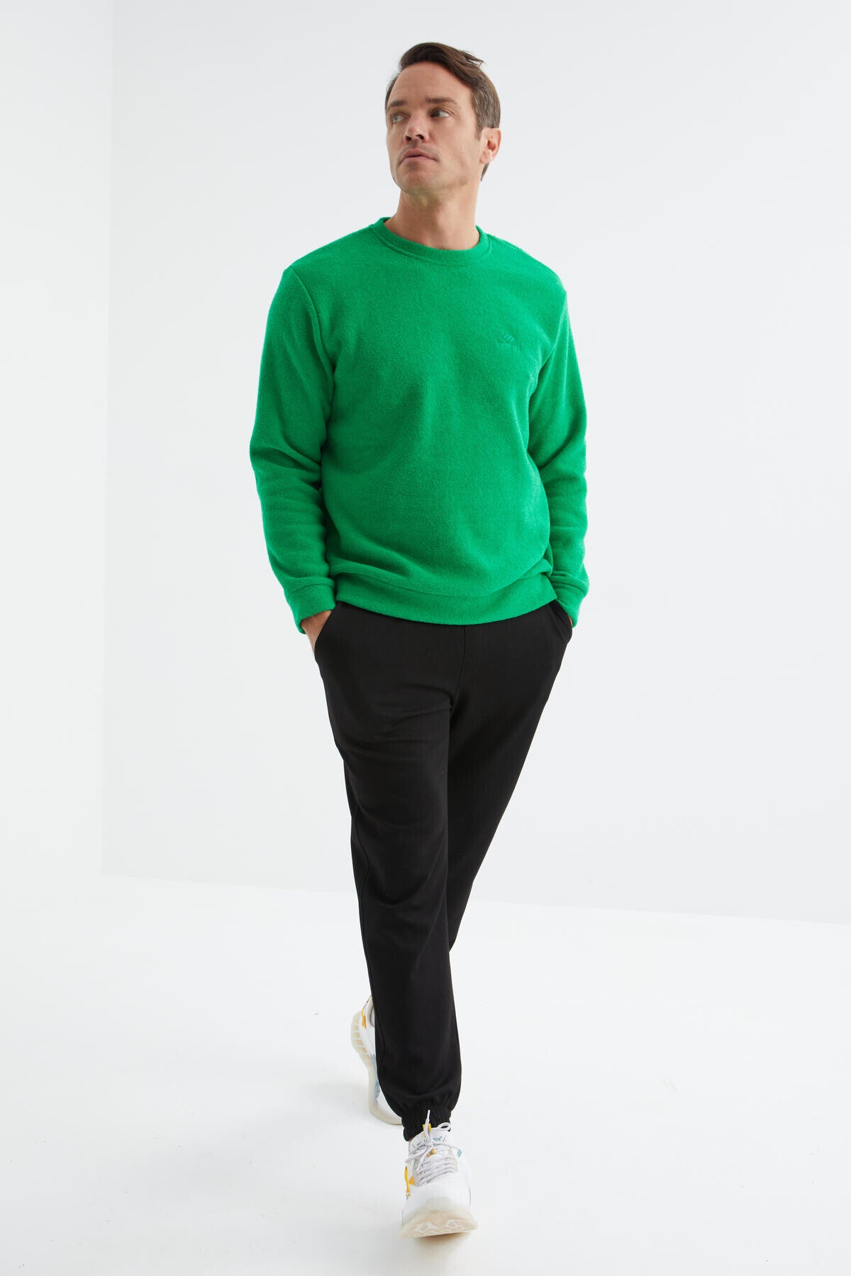Yeşil O Yaka Basic Rahat Form Erkek Havlu Polar Sweatshirt - 88163