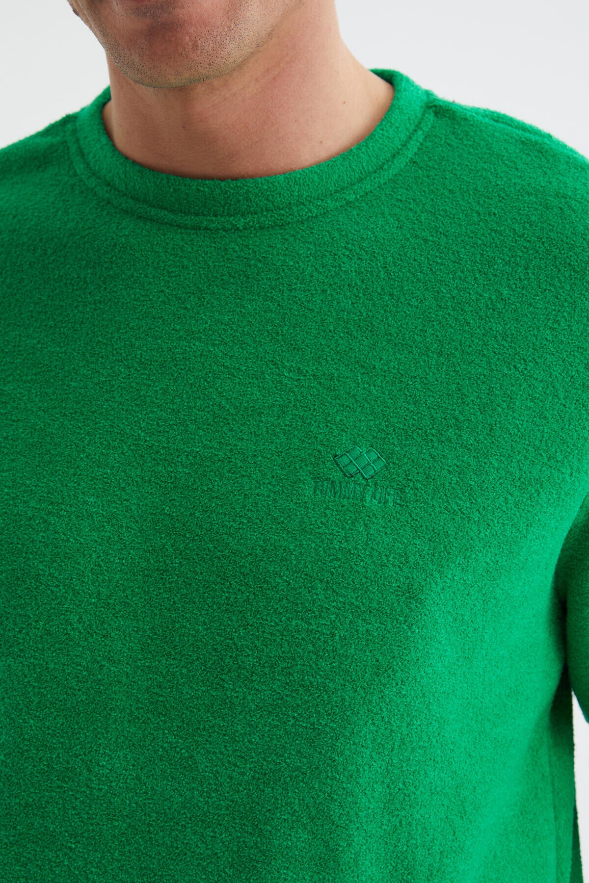 Yeşil O Yaka Basic Rahat Form Erkek Havlu Polar Sweatshirt - 88163