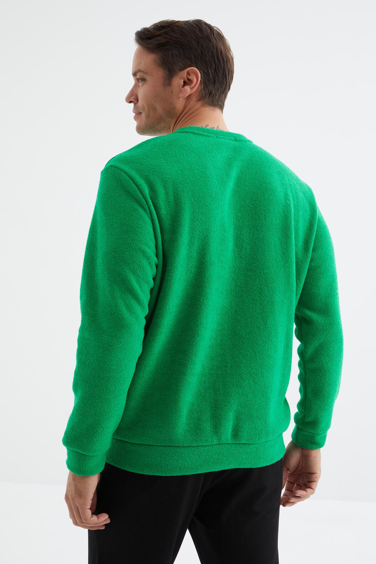 Yeşil O Yaka Basic Rahat Form Erkek Havlu Polar Sweatshirt - 88163