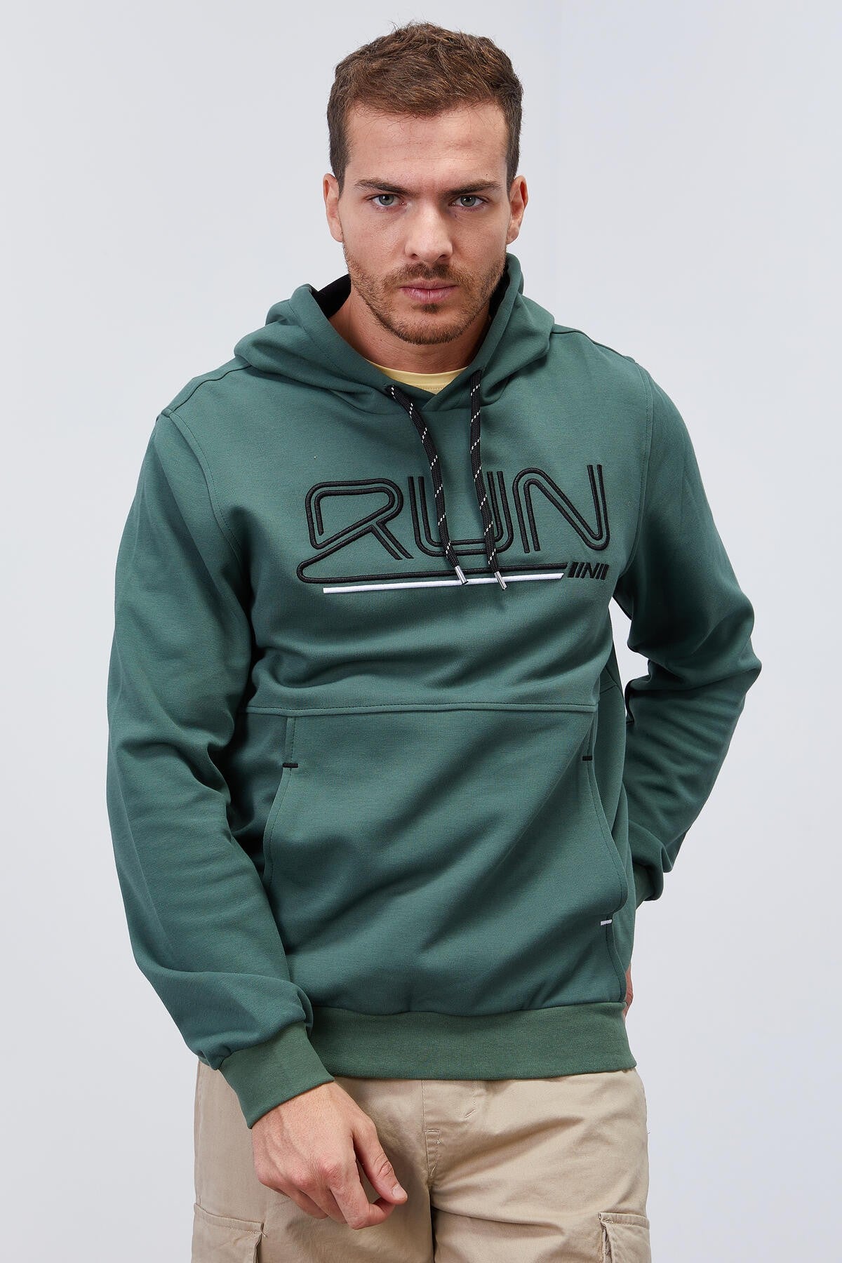 Yeşil Yazı Nakışlı Standart Kalıp Kapüşonlu Erkek Sweatshirt - 87887