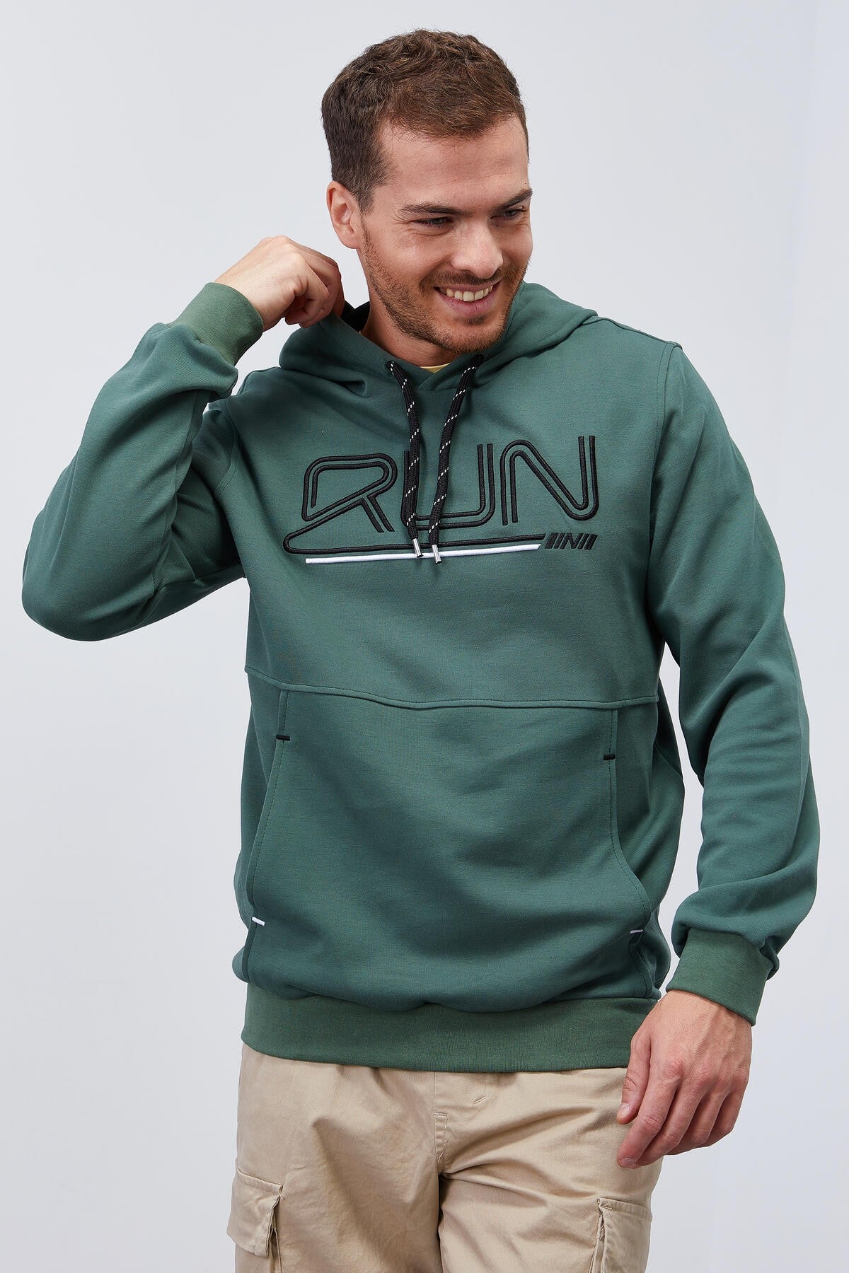 Yeşil Yazı Nakışlı Standart Kalıp Kapüşonlu Erkek Sweatshirt - 87887