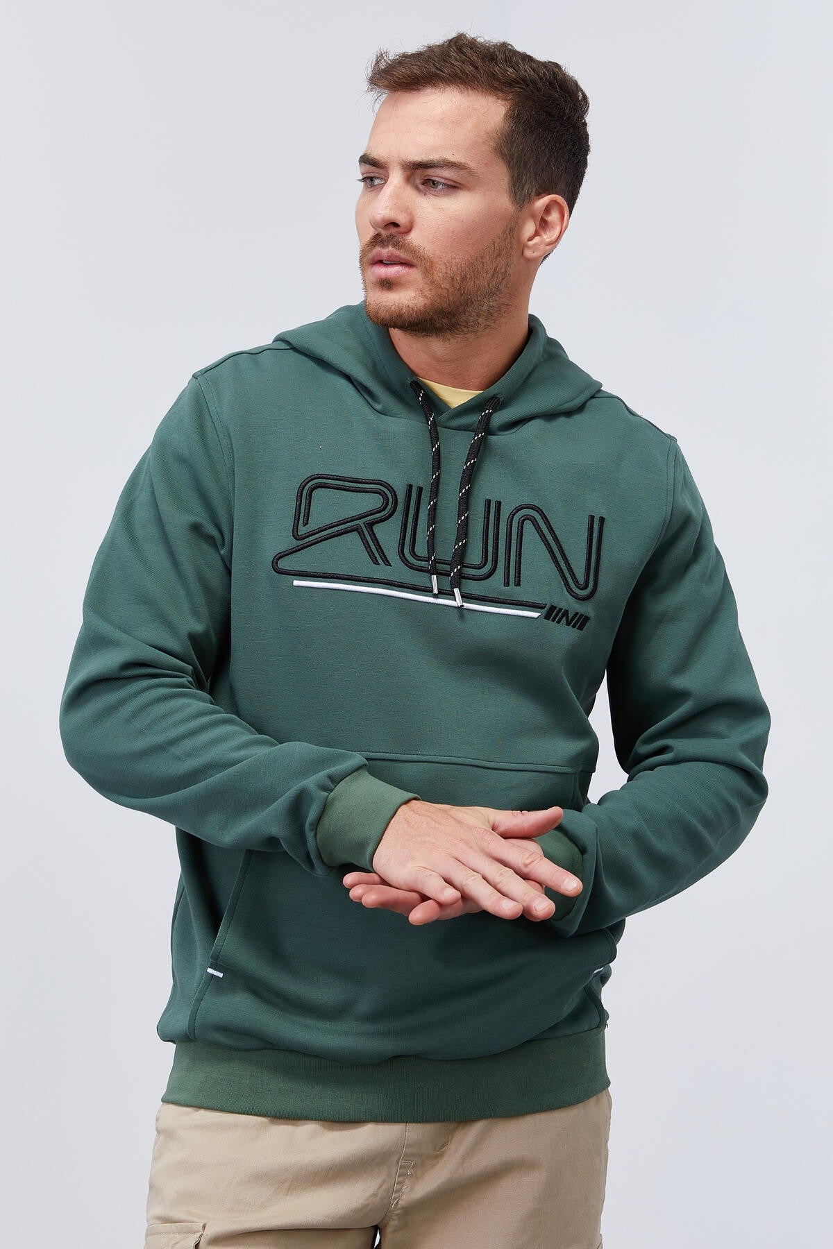 Yeşil Yazı Nakışlı Standart Kalıp Kapüşonlu Erkek Sweatshirt - 87887