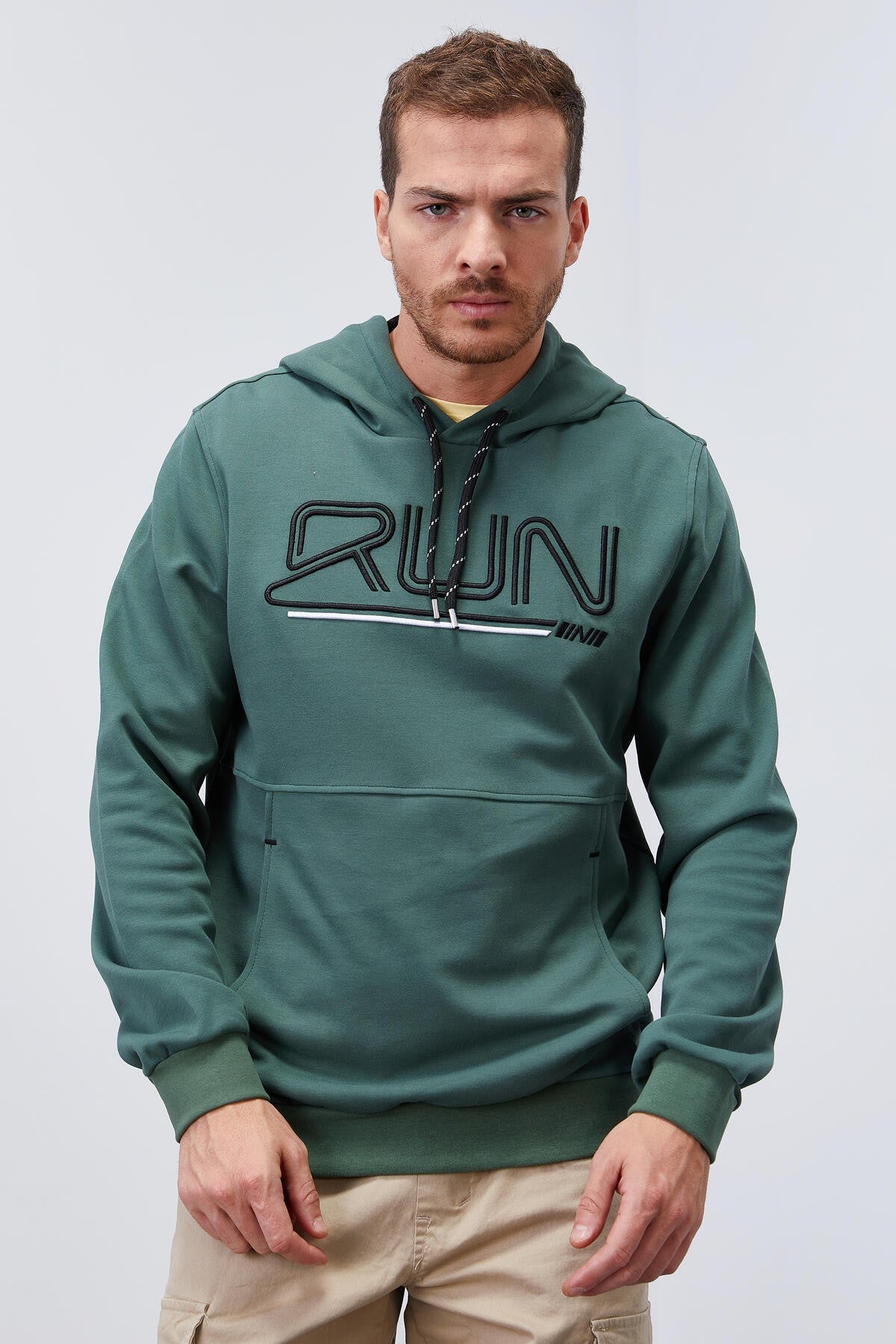 Yeşil Yazı Nakışlı Standart Kalıp Kapüşonlu Erkek Sweatshirt - 87887
