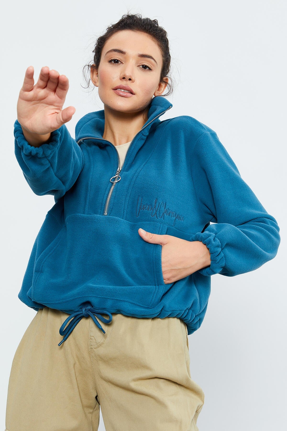 Zümrüt Yarım Fermuar Etek Ucu Büzgülü Kadın Polar Oversize Sweatshirt - 97171