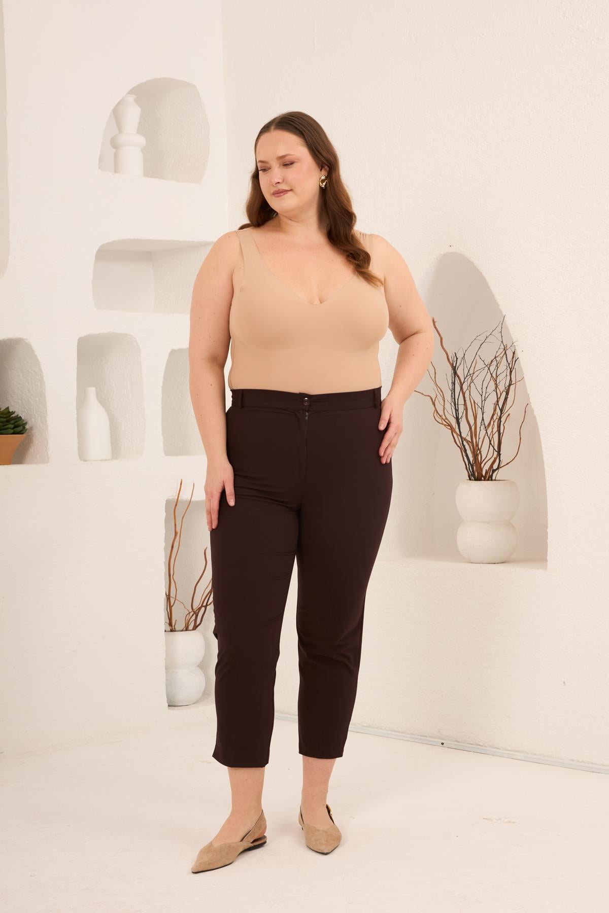 Paça Yırtmaçlı Büyük Beden Gabardin Pantolon Kahve