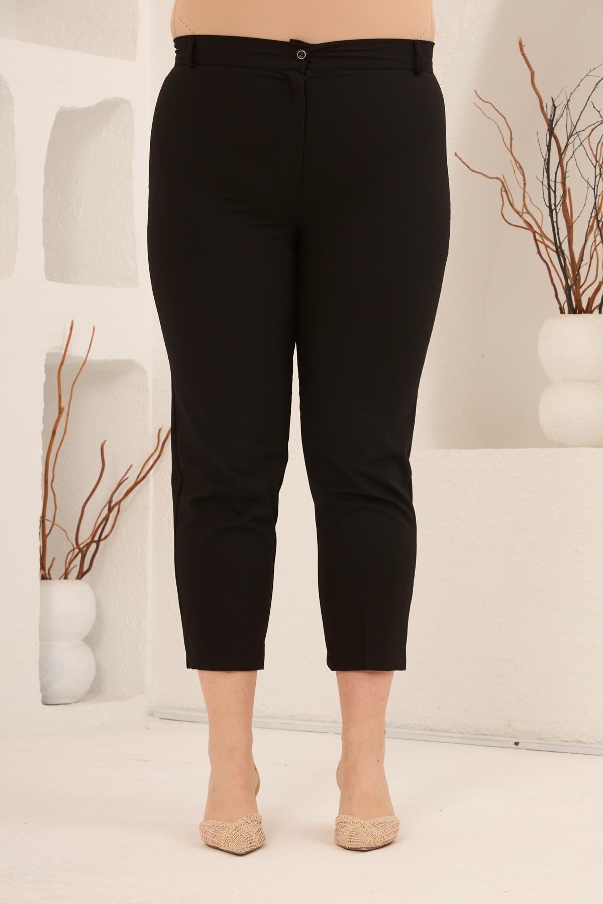 Paça Yırtmaçlı Büyük Beden Gabardin Pantolon Siyah