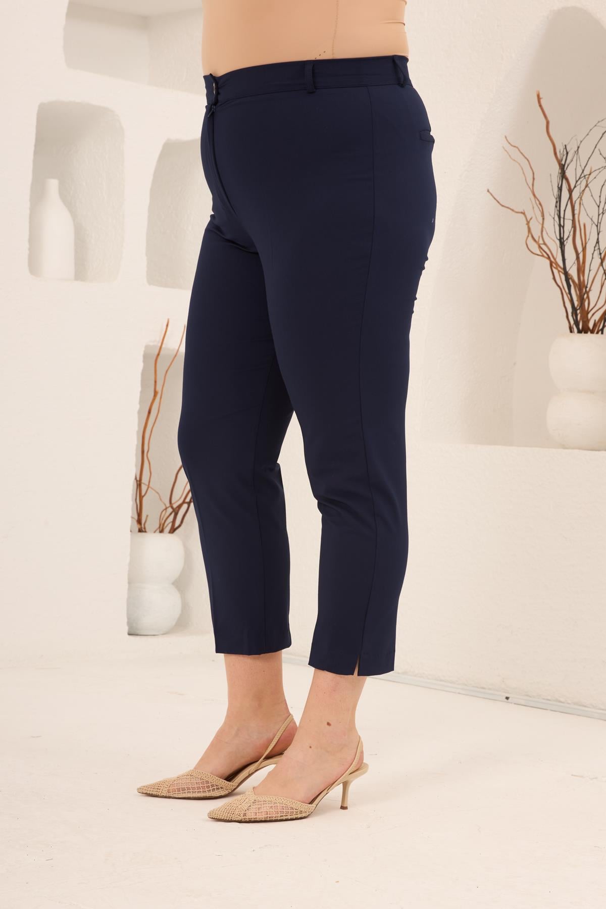 Paça Yırtmaçlı Büyük Beden Gabardin Pantolon Lacivert