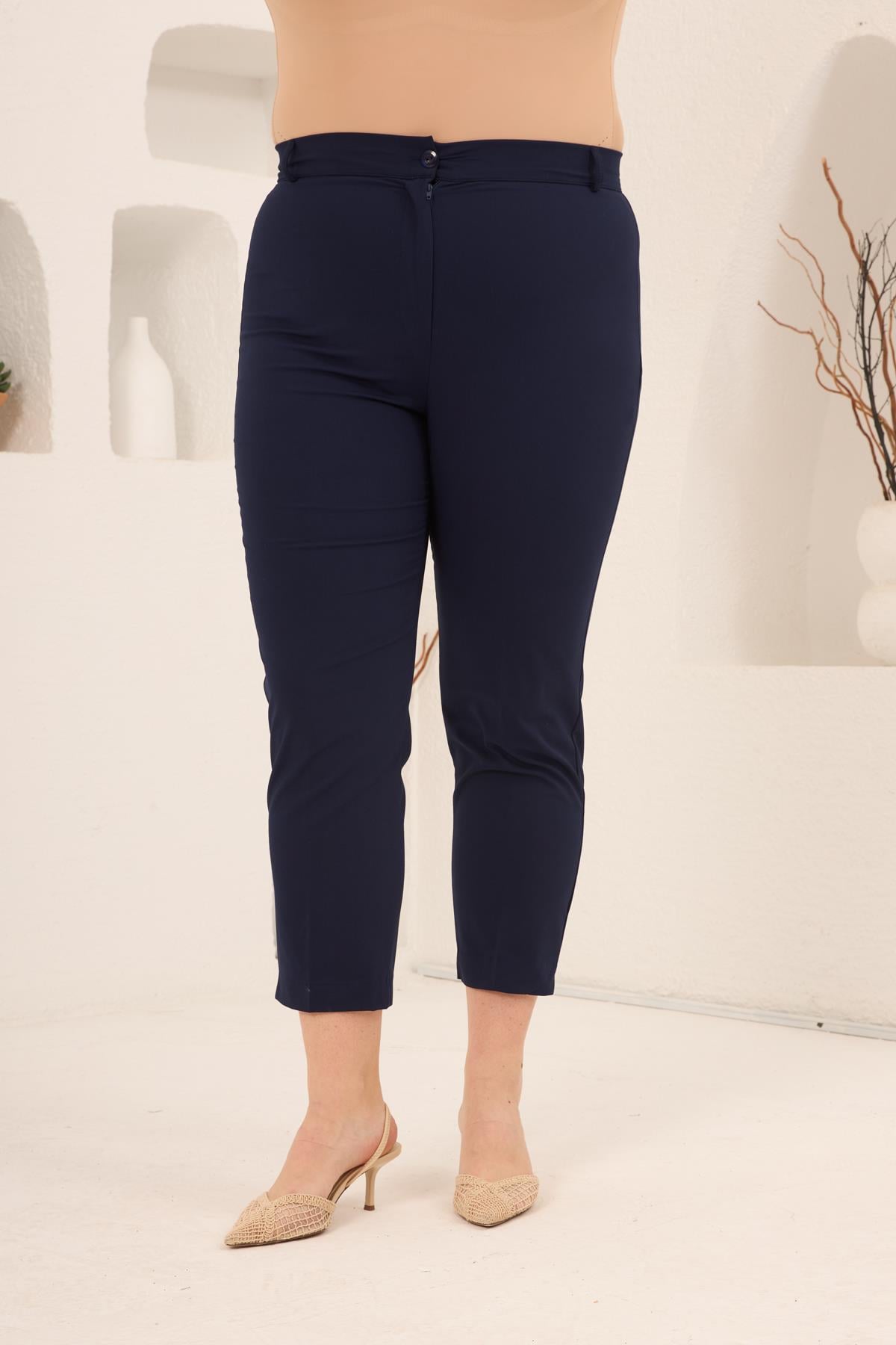 Paça Yırtmaçlı Büyük Beden Gabardin Pantolon Lacivert