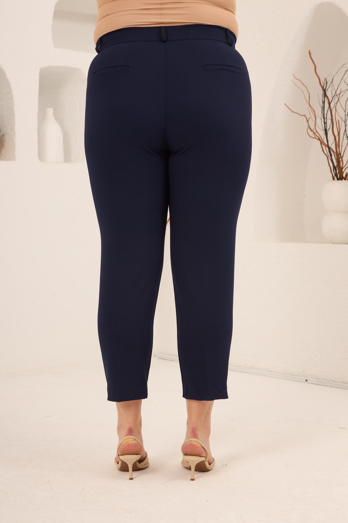 Paça Yırtmaçlı Büyük Beden Gabardin Pantolon Lacivert